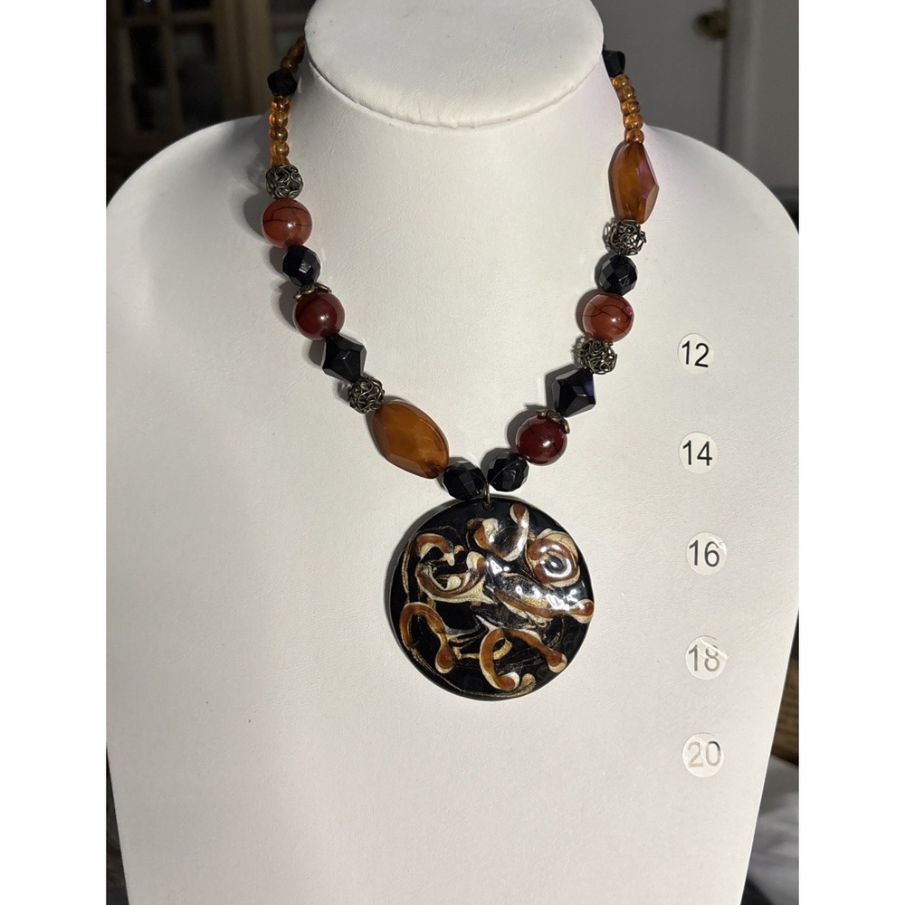 Artisan Black Brown Orange Beaded Statement Necklace Large Round Pendant